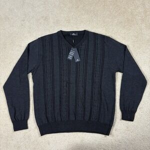 NWT Montechiaro Sweater Men's XL 54 Cable Knit Black V Neck Merino Wool Italy